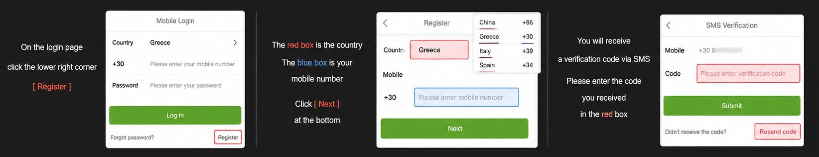 Yollgo εγγραφή, επιλογή Ελλάδας και επιβεβαίωση SMS