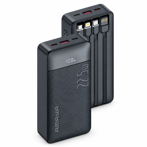 AMAYA APB-F229 Power Bank 20000mAh 22,5W με Γρήγορη Φόρτιση, Ψηφιακή Ένδειξη και 4 Ενσωματωμένα Καλώδια USB-C / Lightning / Micro-USB / USB-A Μαύρο