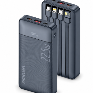 AMAYA APB-F129 Power Bank 10000mAh 22,5W με 4 Ενσωματωμένα Καλώδια USB-A / USB-C / Lightning / Micro-USB και Ψηφιακή Ένδειξη Μπαταρίας, Μαύρο