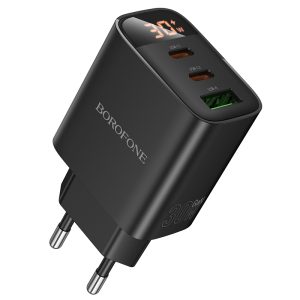 BOROFONE BA98A ΦΟΡΤΙΣΤΗΣ PD 30W 2 USB-C 1 USB-A ΜΕ ΟΘΟΝΗ EU ΜΑΥΡΟΣ