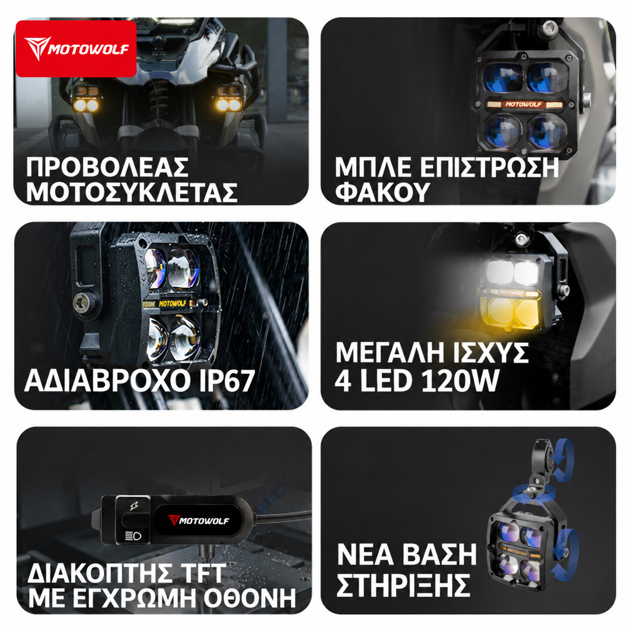 MOTOWOLF L3 ΠΡΟΒΟΛΕΑΣ LED ΜΟΤΟΣΥΚΛΕΤΑΣ 4 LED 120W ΜΑΥΡΟΣ IP67 - Image 5